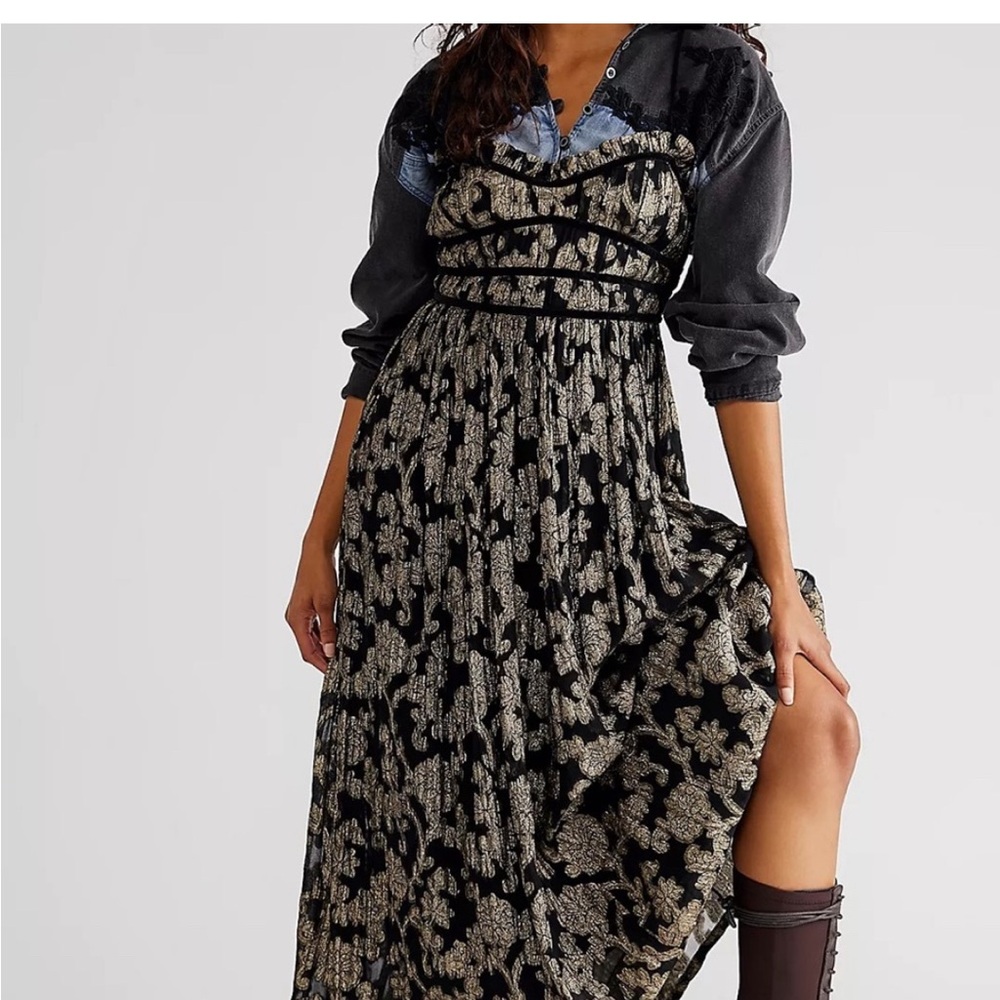 Free People Charlie Bustier Metallic Velvet Ribbon Strappy Open Back Maxi Gown L - Picture 5 of 7